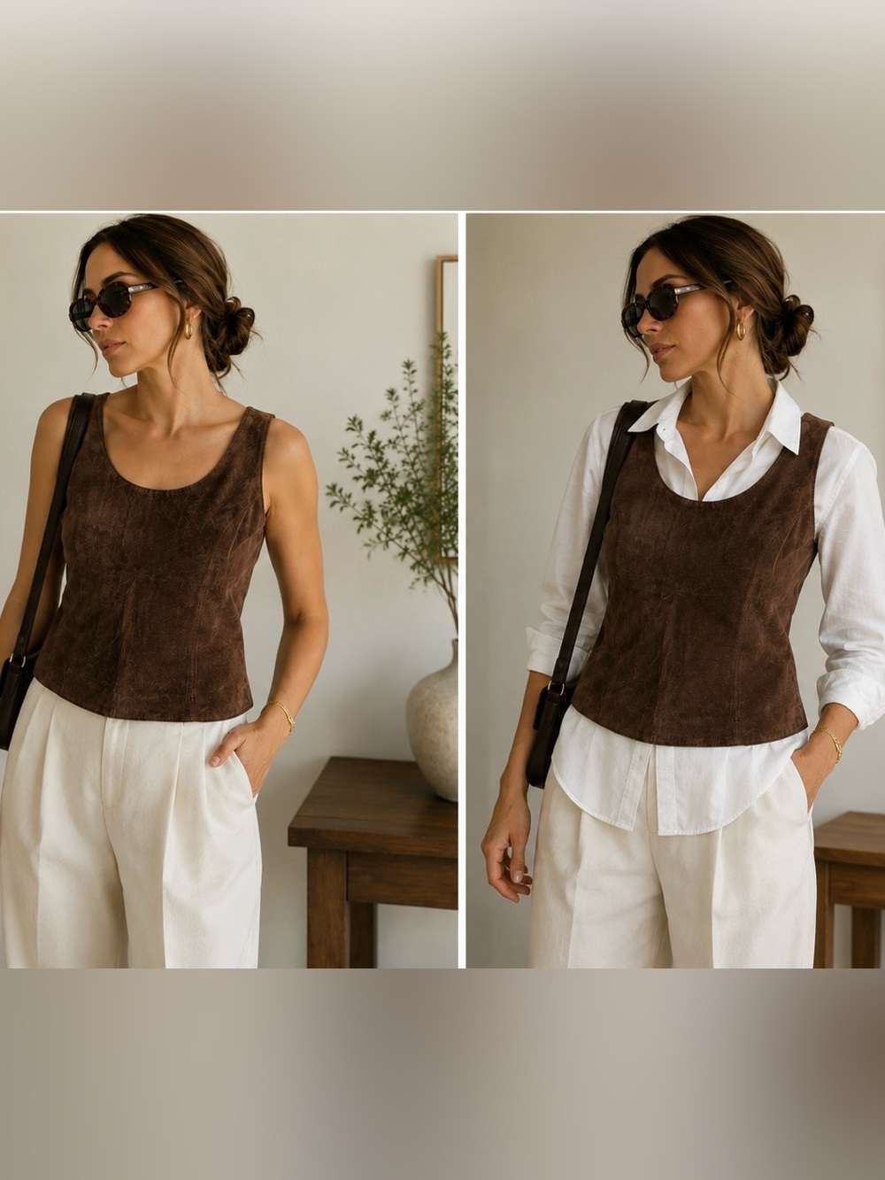 Margaret Godfrey Brown Suede Leather Tank Top Sleeveless Zip Back Vintage Size M